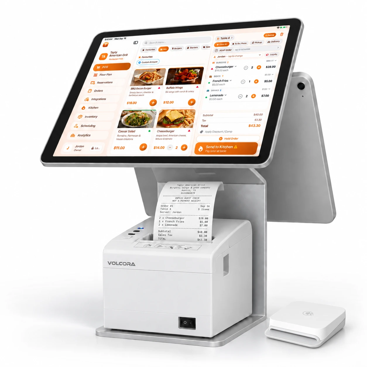 Taply's orange photo menu on an 11-inch iPad, with a customer-facing iPad, a front-facing white Volcora printer feeding the matching guest check, and a white Stripe M2 card reader beside the printer.