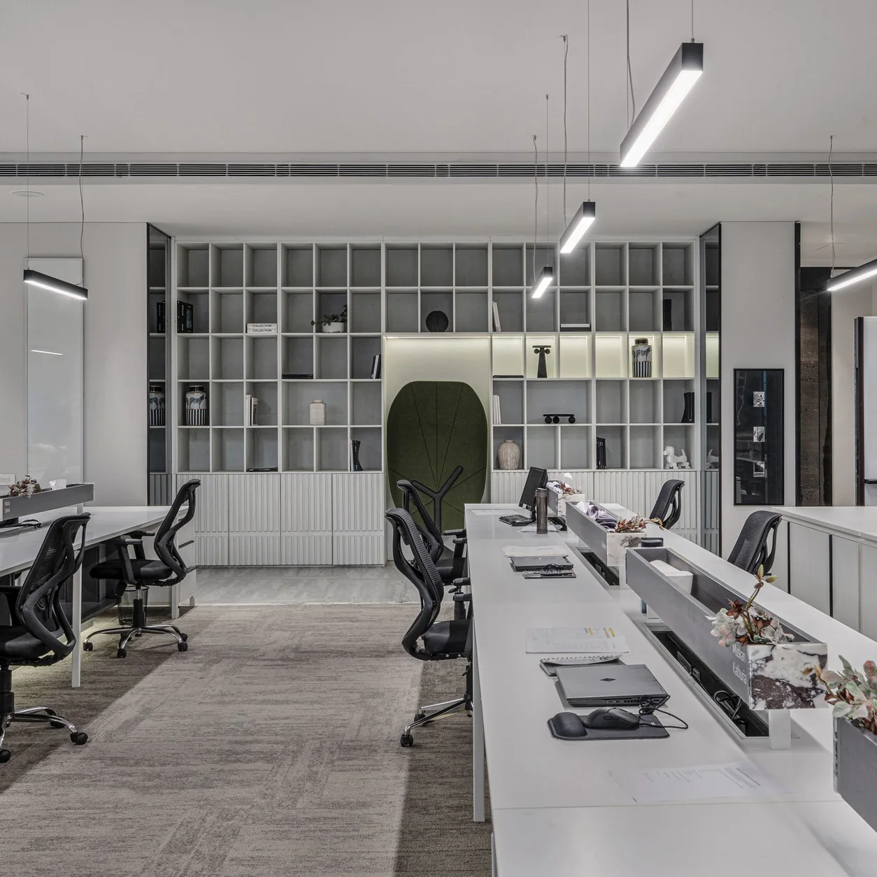 A contemporary open office with timber finishes and daylight.
