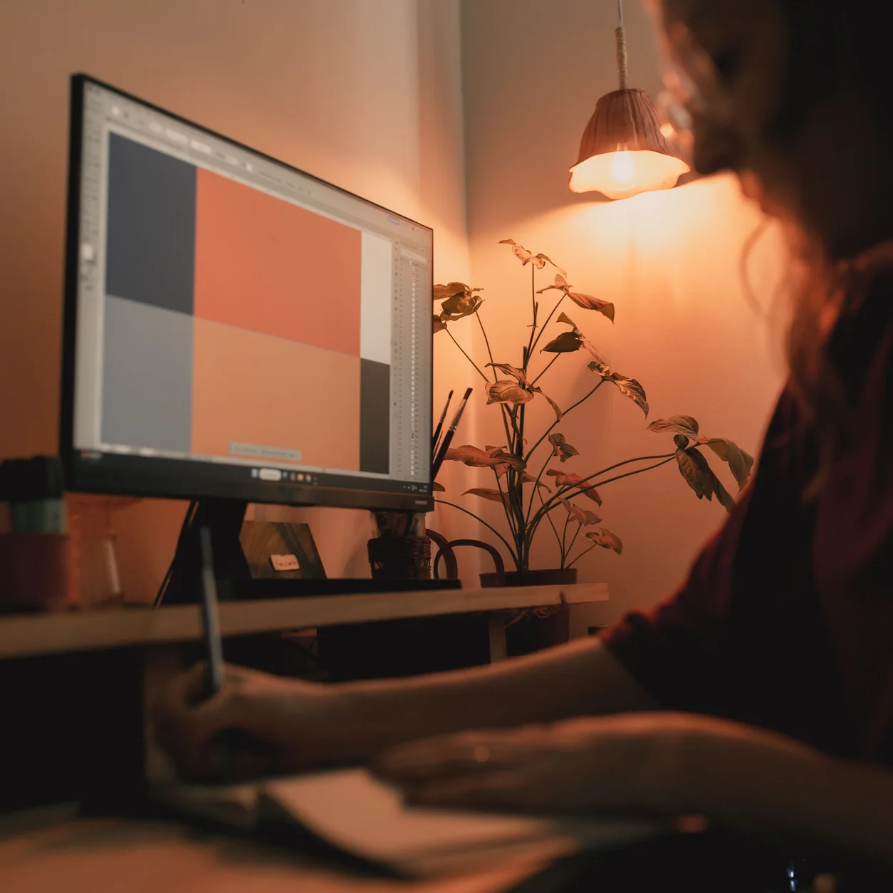 A designer at work in a warmly lit studio.