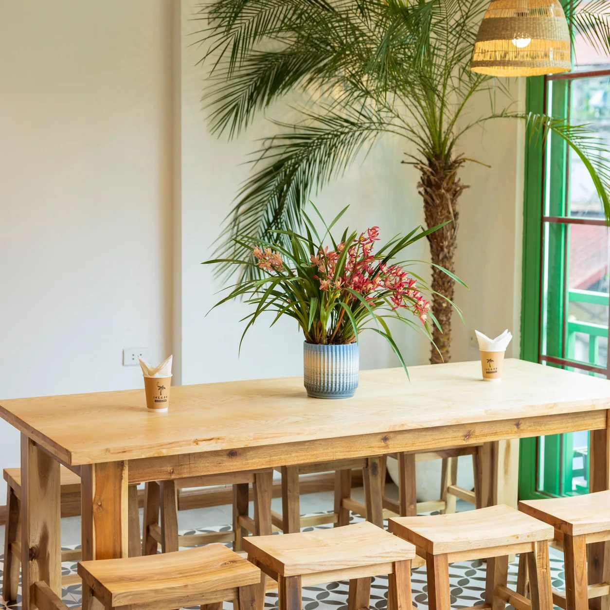 Warm wooden restaurant furniture and lush indoor plants.