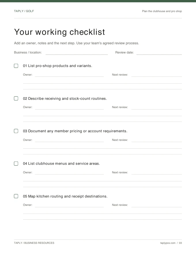 Printable worksheet preview for Plan the clubhouse and pro shop