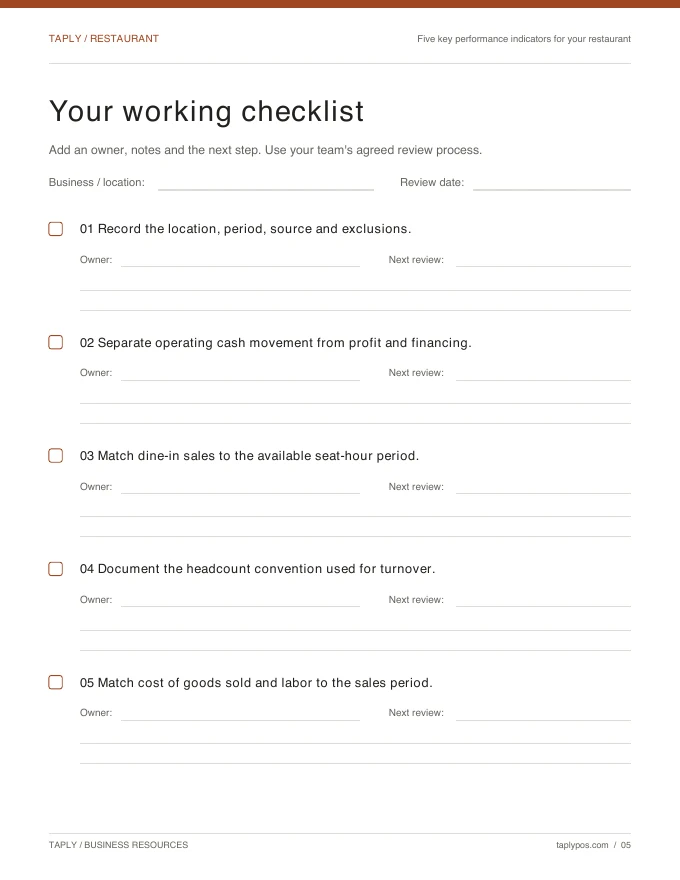 Working checklist included with Five key performance indicators for your restaurant