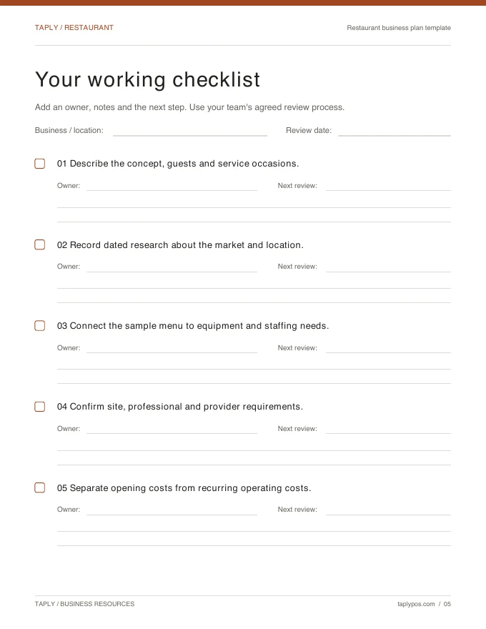 Working checklist included with Restaurant business plan template