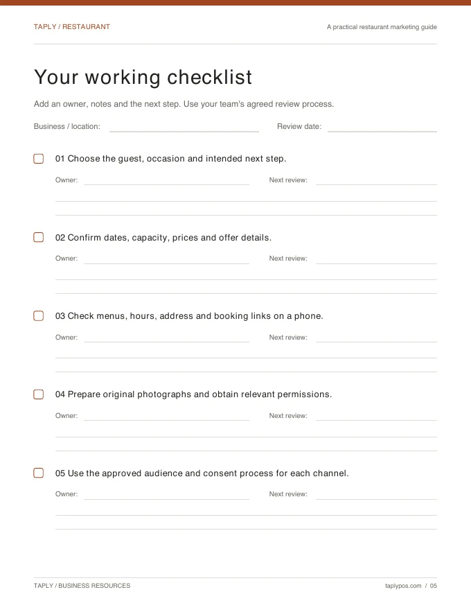 Working checklist included with A practical restaurant marketing guide