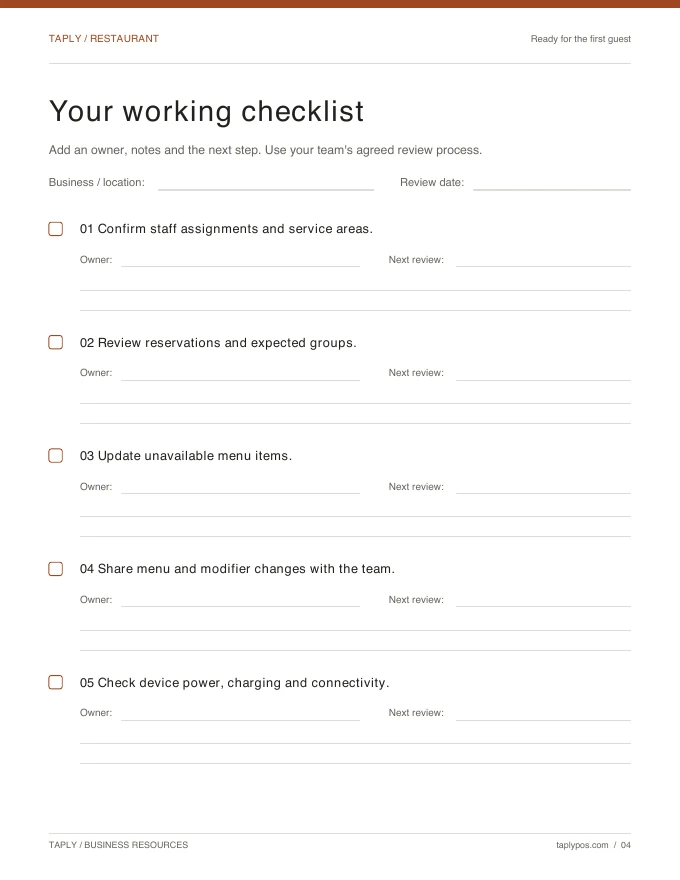 Taply Restaurant opening checklist worksheet