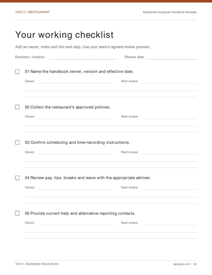 Working checklist included with Restaurant employee handbook template