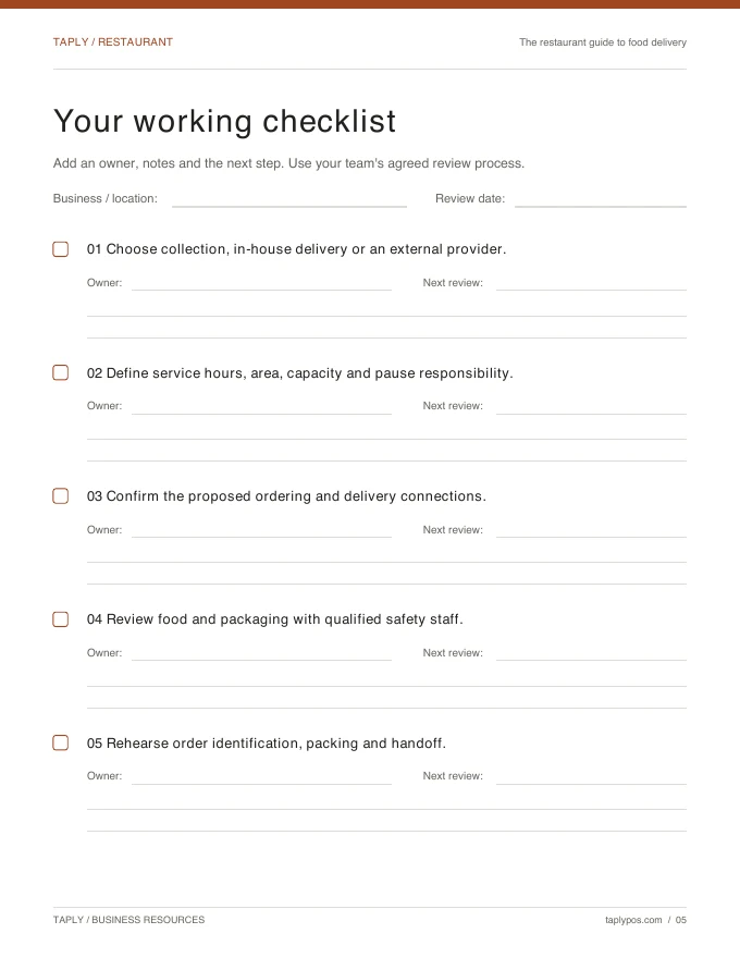 Working checklist included with The restaurant guide to food delivery