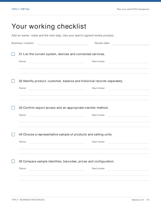 Taply Retail migration planning worksheet