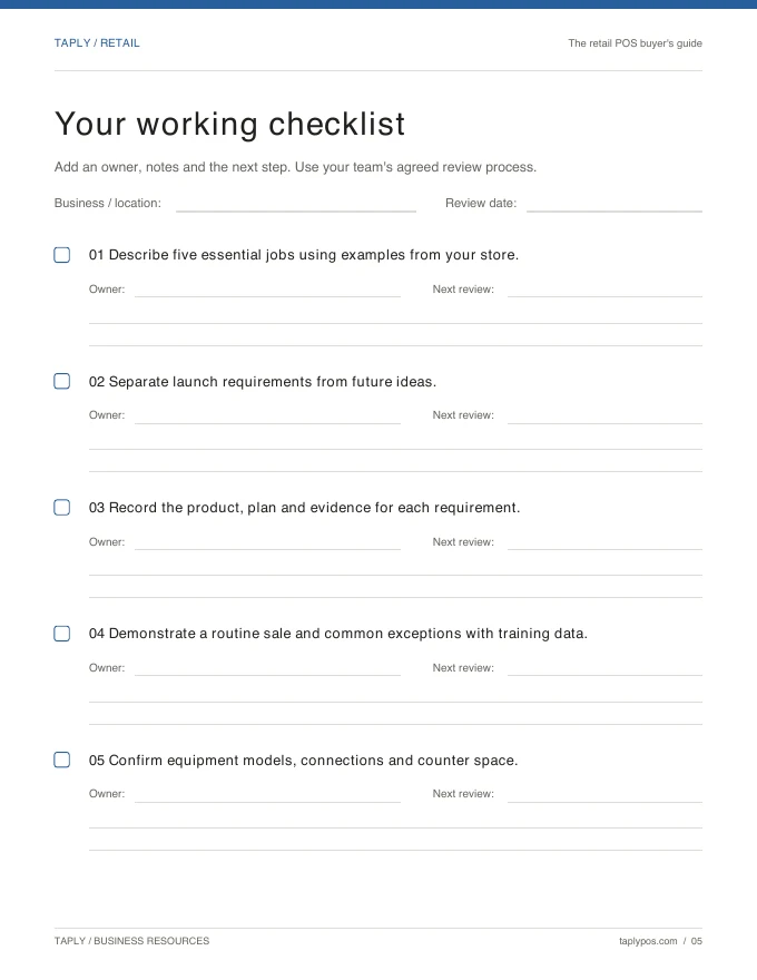 Taply Retail POS buyer’s guide worksheet