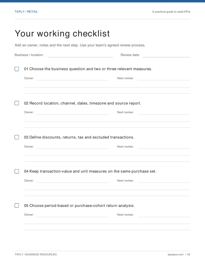 Printable worksheet preview for A practical guide to retail KPIs
