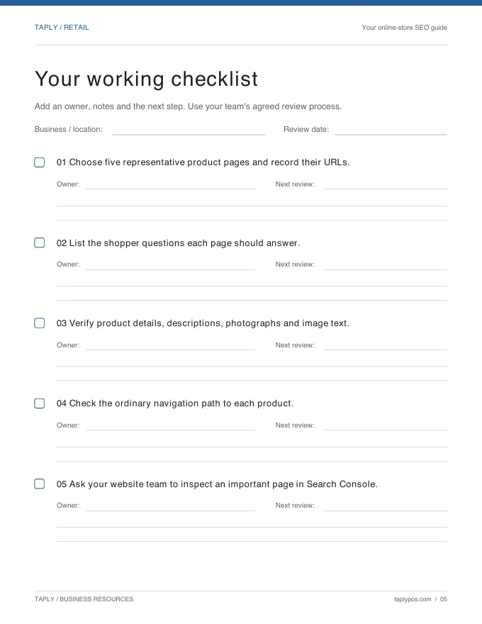 Printable worksheet preview for Your online-store SEO guide