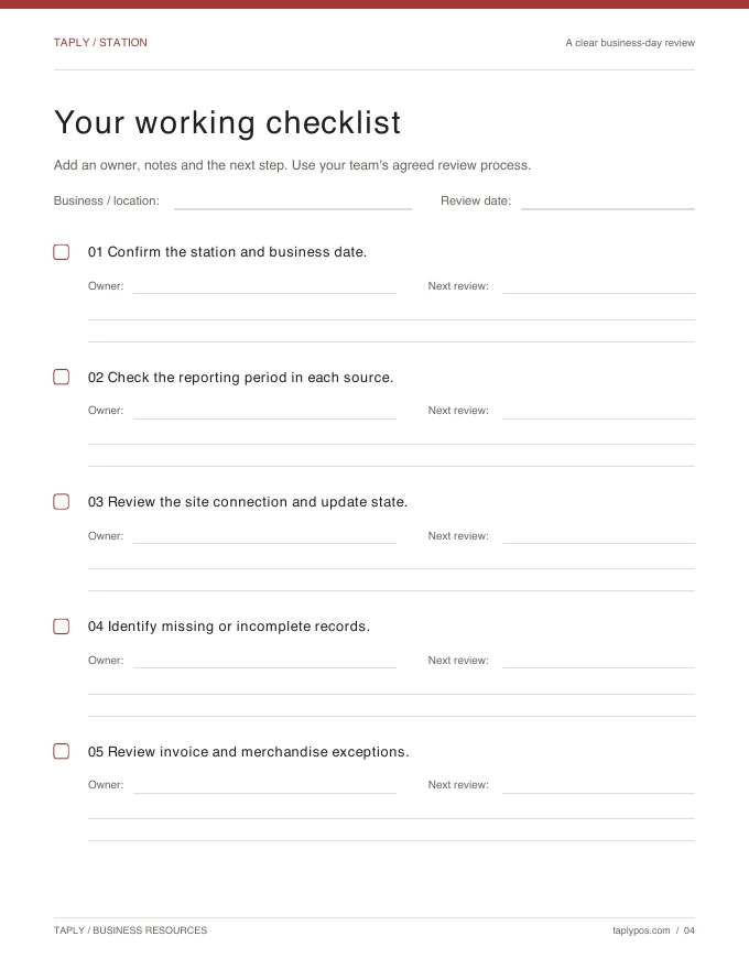 Printable worksheet preview for A clear business-day review