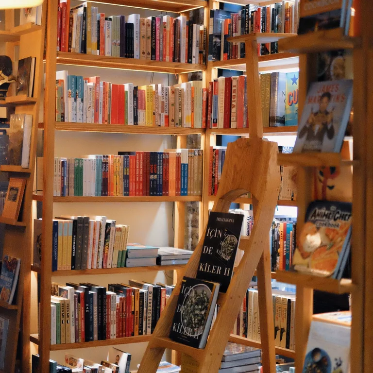 Warm interior of a cozy bookstore with books neatly arranged on wooden shelves.