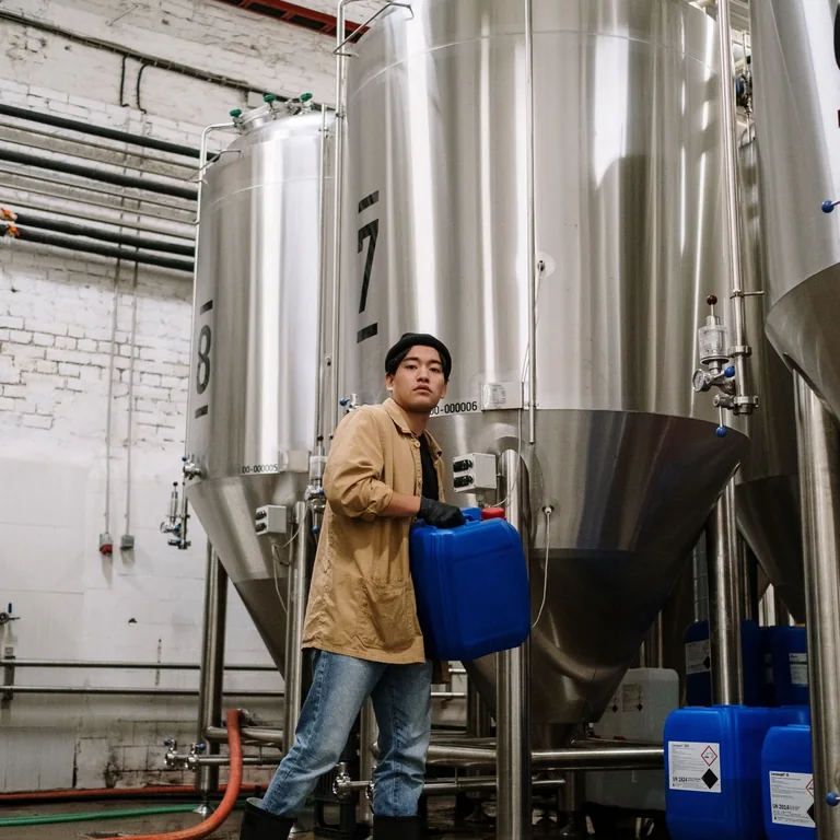 Asian man managing fermentation tanks in a brewery, highlighting craft beer production.