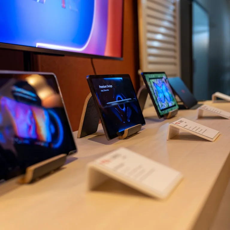 A selection of tablets showcased on a table in a tech retail store.