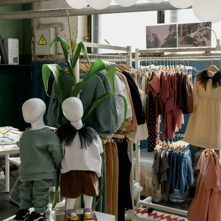 Modern kids clothing store with stylish outfits on display. Perfect for trendy children's fashion.