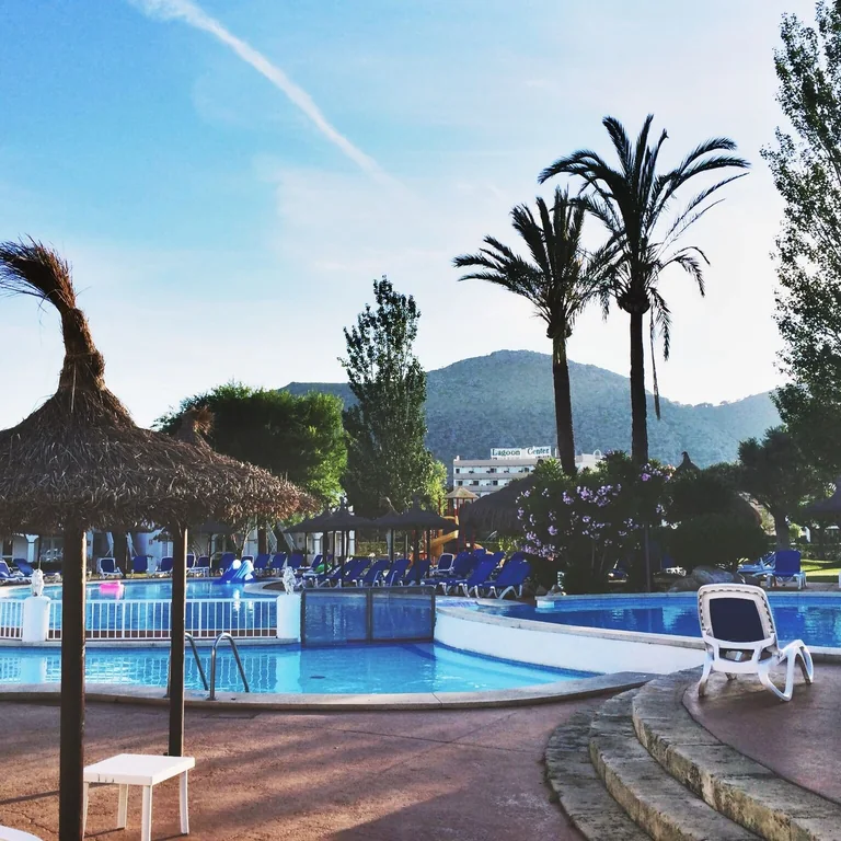 A serene tropical resort pool area with palm trees and sun loungers