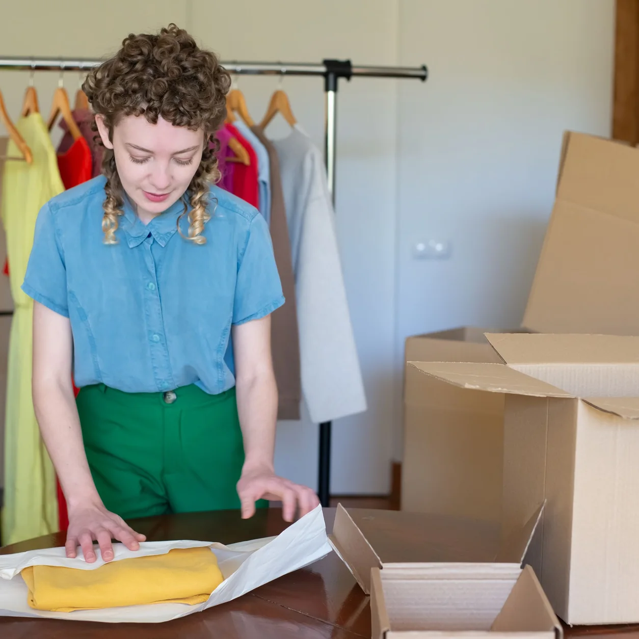 A young female entrepreneur packaging clothes in eco-friendly boxes in her online store workspace.