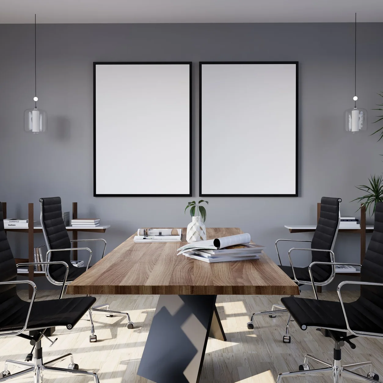 A contemporary meeting room with a long table and plants.
