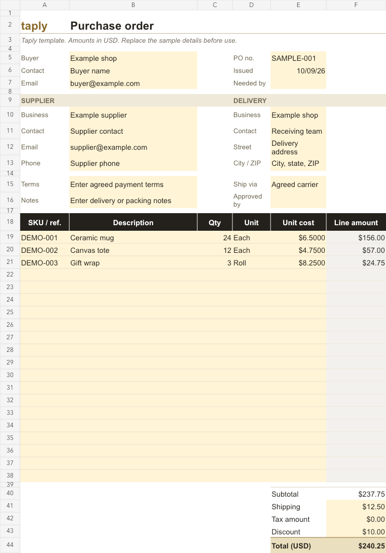 Actual purchase order workbook with supplier and delivery fields, three fictional items and a sample total of $240.25