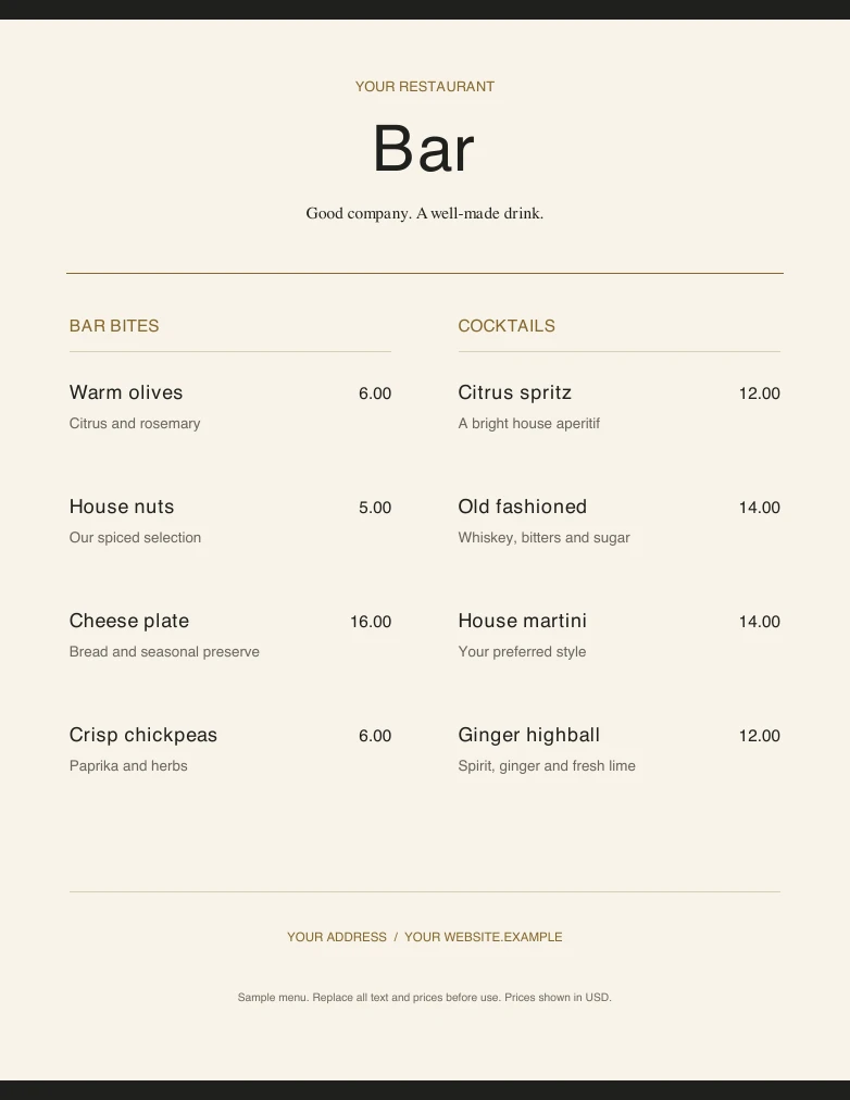 Bar editable sample design