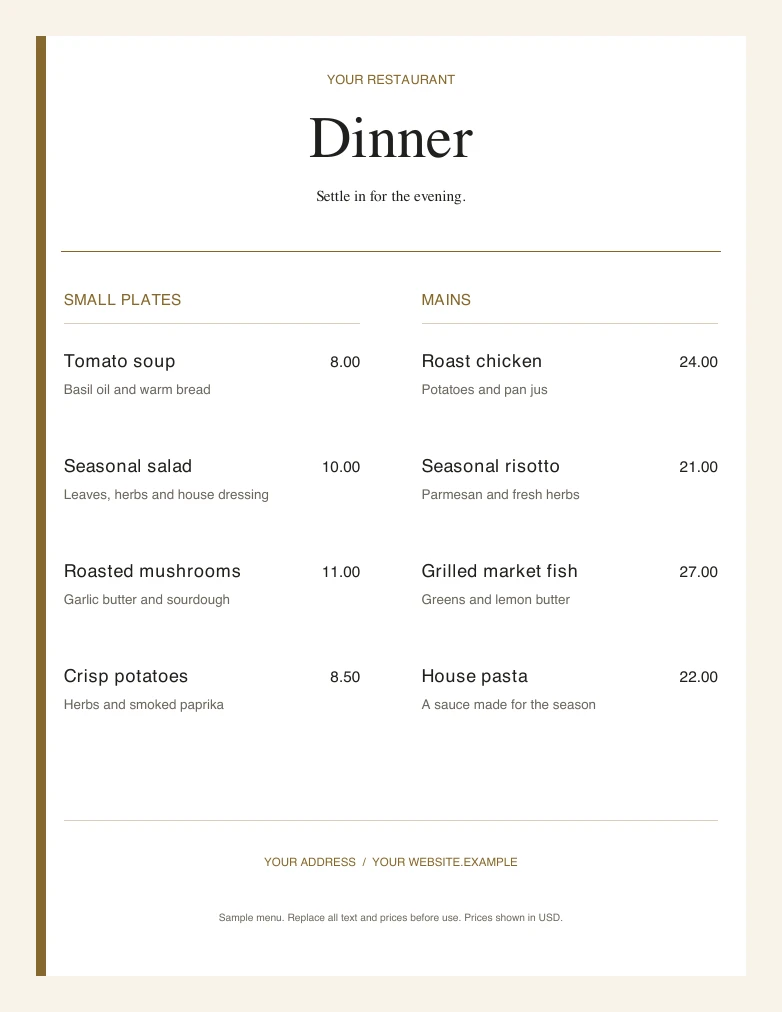 Editable Restaurant dinner menu template