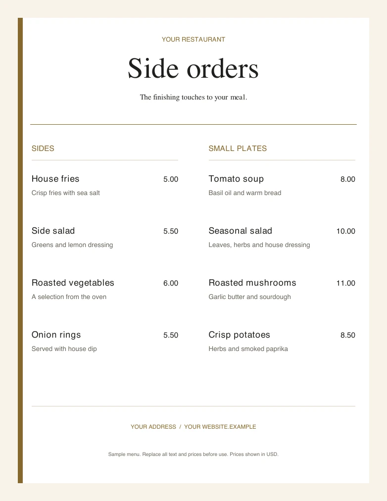 Side orders editable sample design
