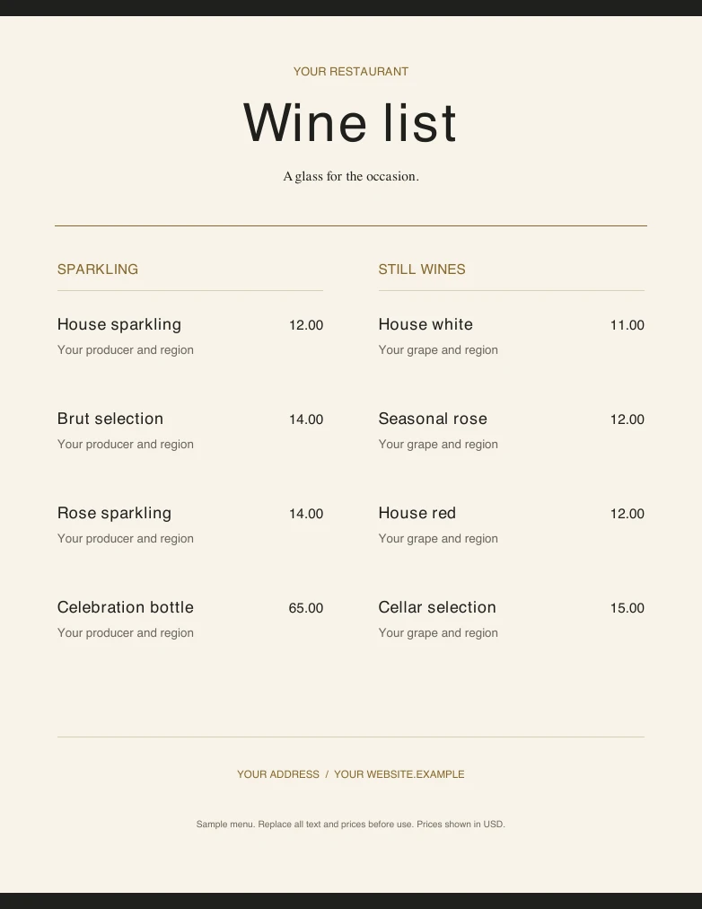 Wine list editable sample design