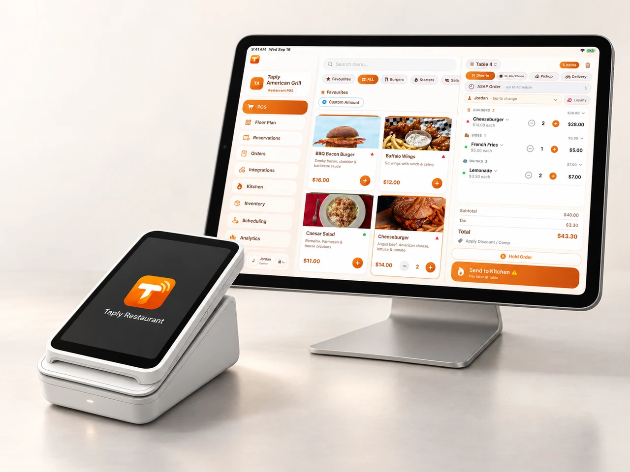 Taply Restaurant landscape iPad and S710-style reader in a device-only visualization