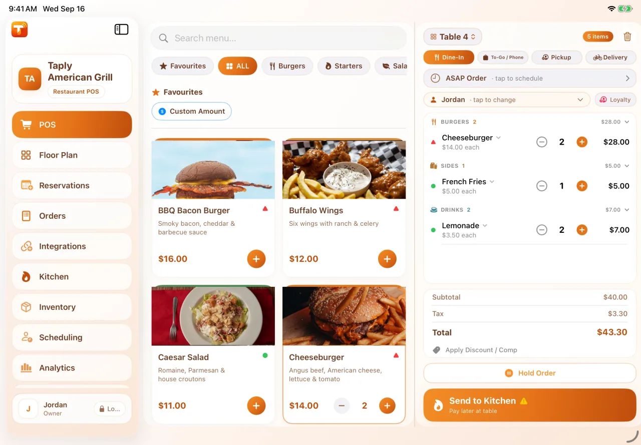 Taply Restaurant visual menu and ordering workspace with demonstration data