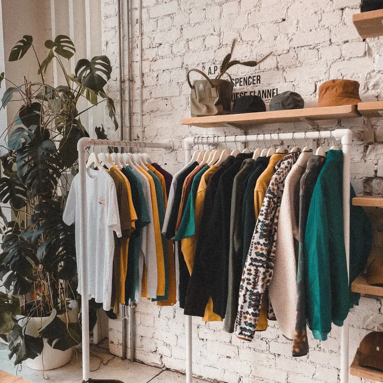 A carefully arranged clothing collection beside white brick, timber shelving and leafy plants.