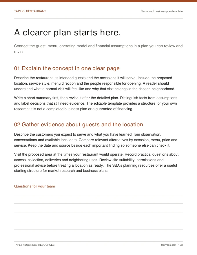 A page from the Restaurant business plan template PDF