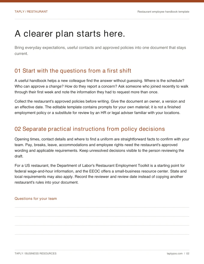 A page from the Restaurant employee handbook template PDF