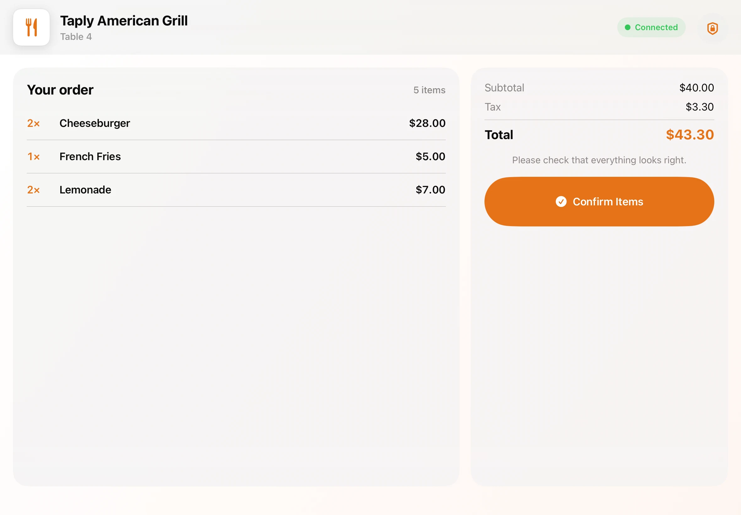 Actual Taply customer display on iPad with a five-item American menu order and $43.30 total
