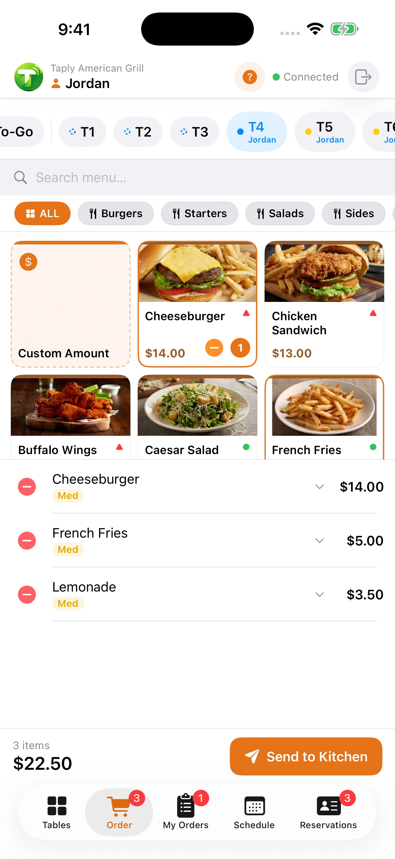 Taply Floor on iPhone showing an American photo menu and a draft order for a cheeseburger, fries and lemonade.