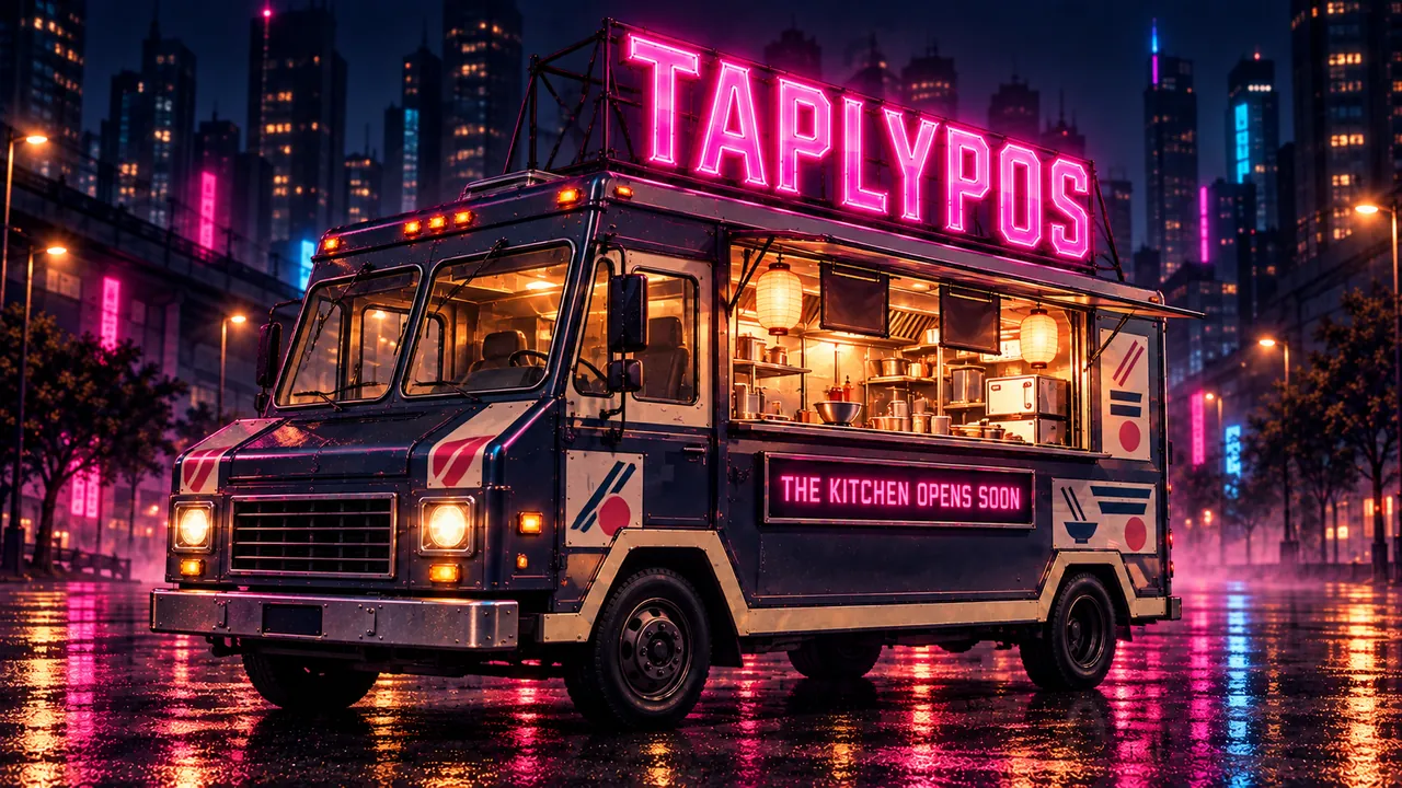 Illustration of a TAPLYPOS food truck with a pink neon rooftop sign at night