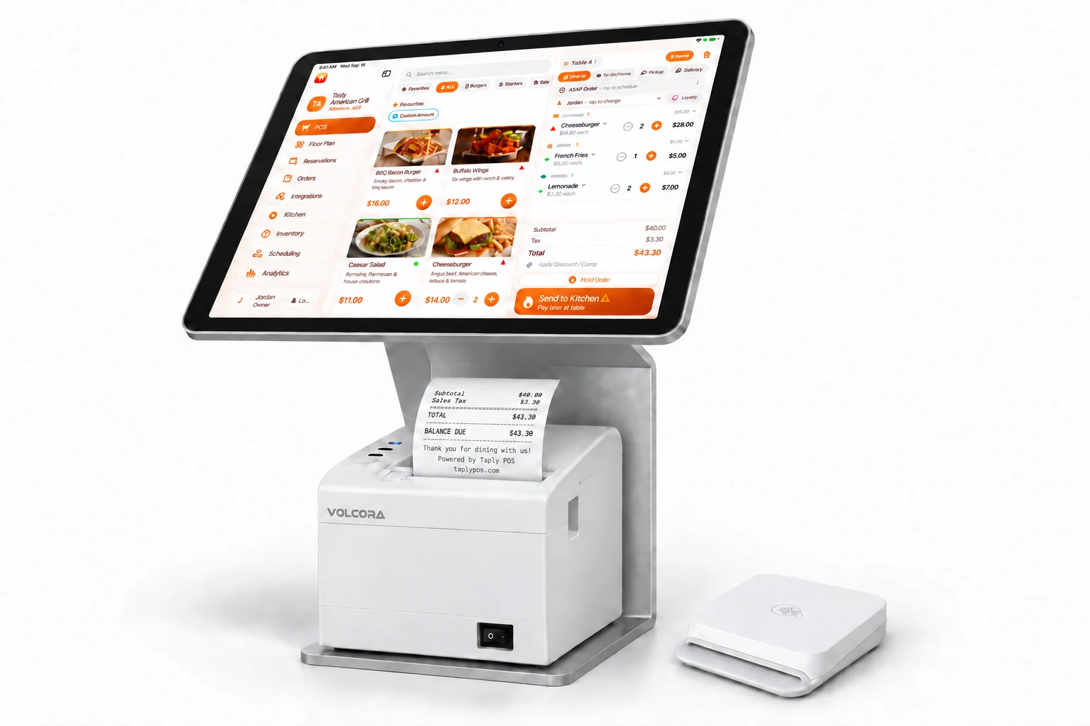 Standard 11-inch iPad (A16) Taply POS kit with a white Volcora receipt printer and Stripe M2 reader