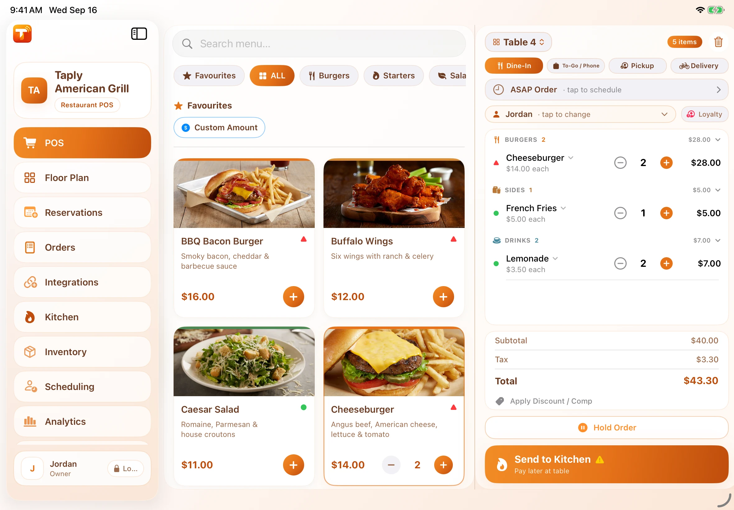 Taply on an 11-inch iPad, with real American menu photos and a demonstration order