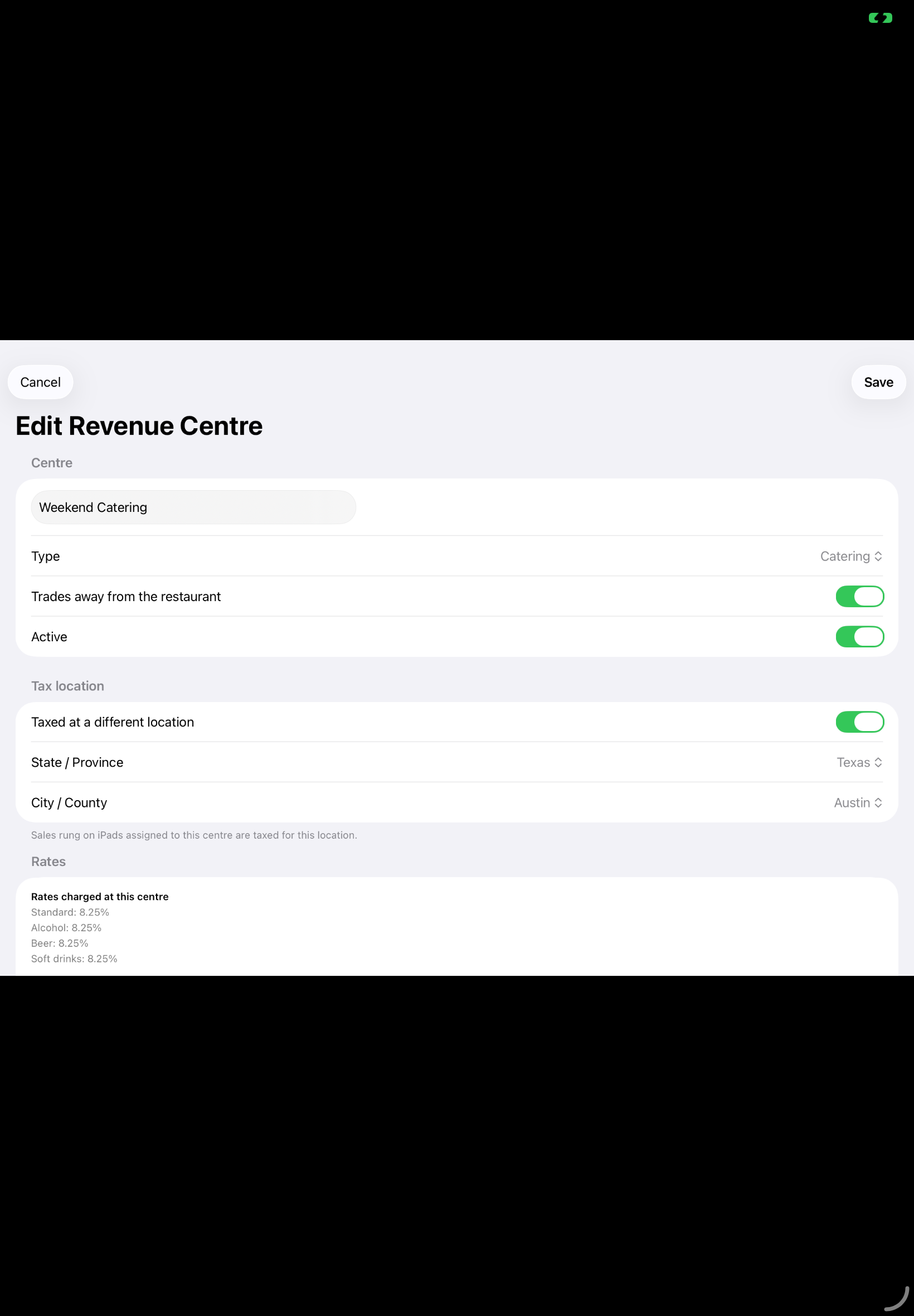 Actual Taply Revenue Center editor showing settings for an Austin catering and events demonstration service area