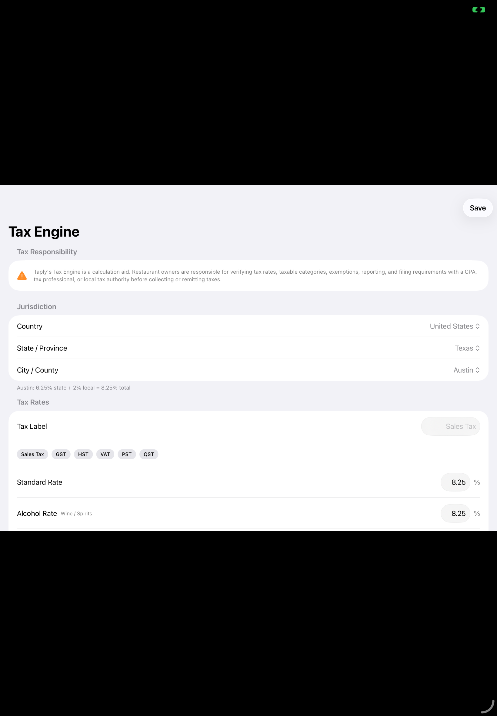 Real Taply Tax Engine settings in the orange Release app, with a consistent United States, Texas and Austin demonstration configuration
