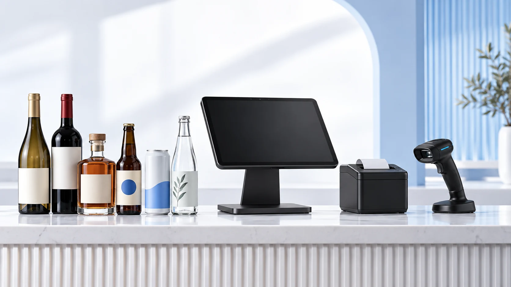 Clean beverage retail counter with wine, spirits, beer, non-alcoholic products, tablet POS, receipt printer and barcode scanner.