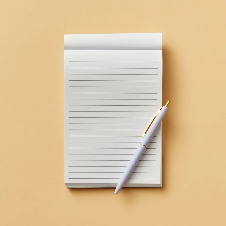 A small ruled notebook and pencil on a beige surface.