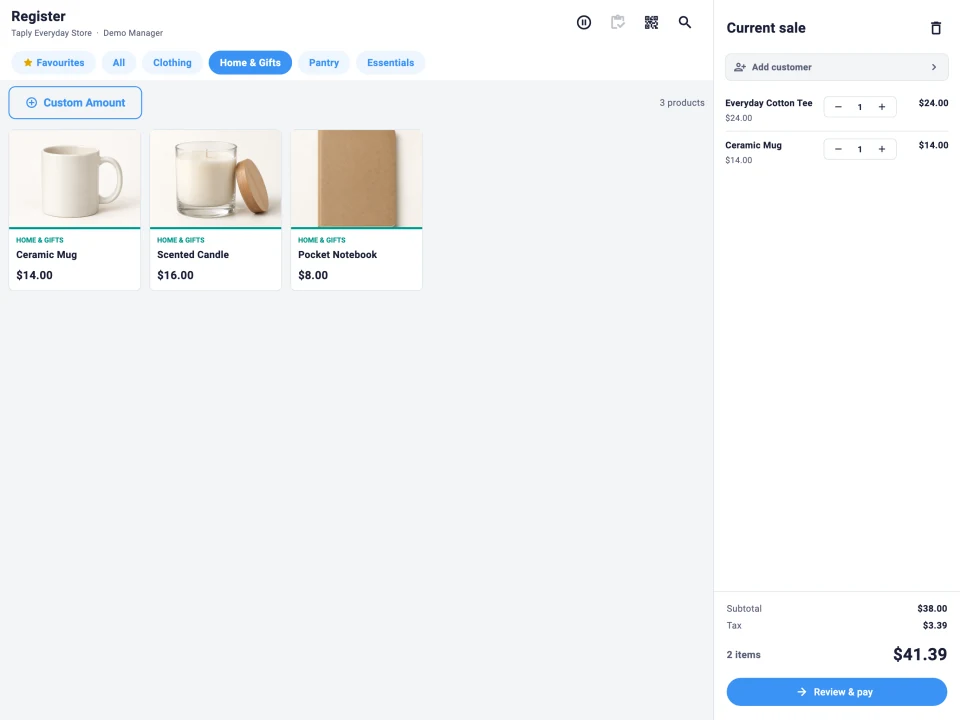 Taply Retail register with Home and Gifts selected from Clothing, Home and Gifts, Pantry and Essentials. The real category controls filter the demonstration catalog to a ceramic mug, scented candle and notebook.