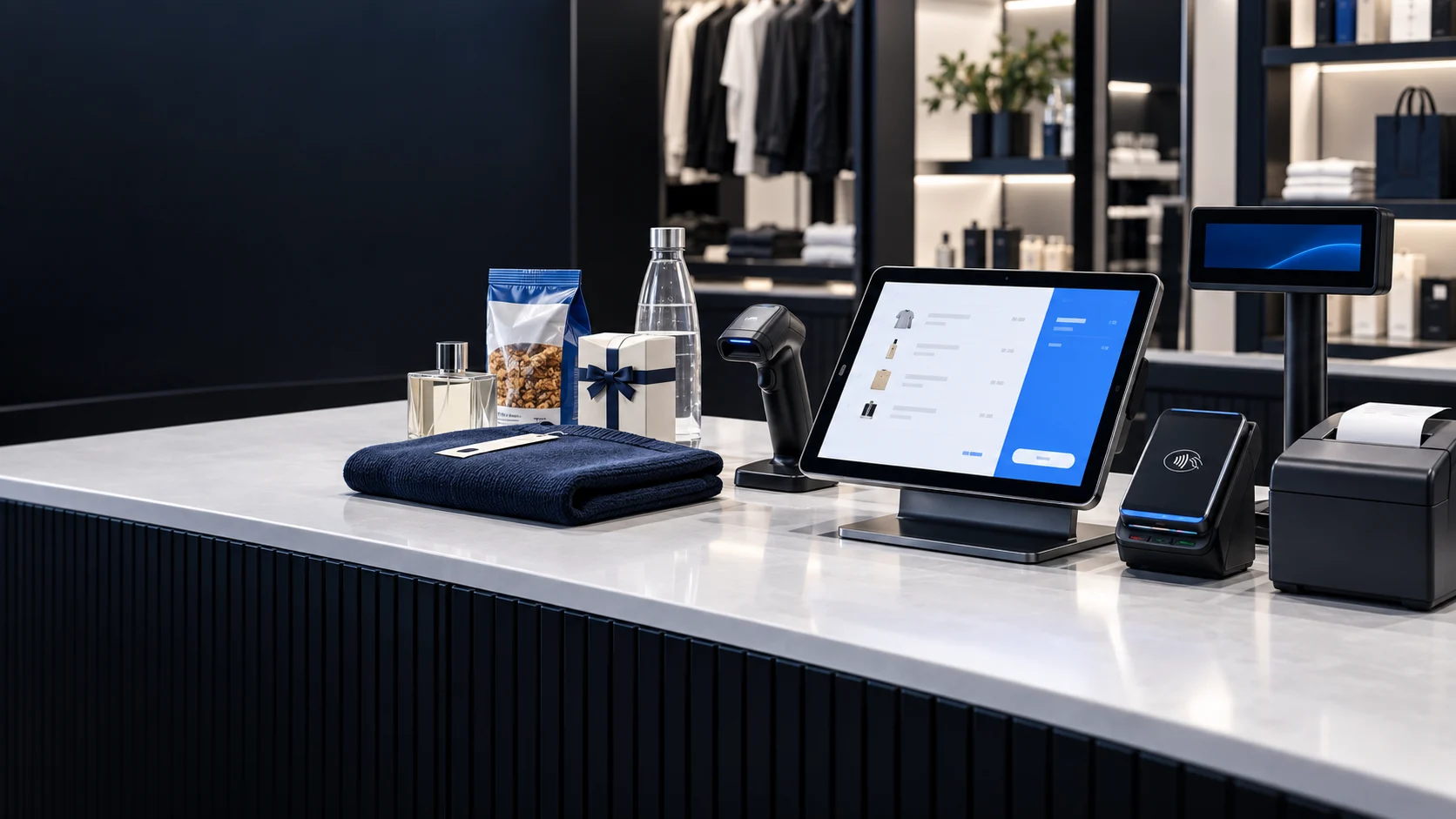 Premium retail checkout counter with tablet POS, scanners, payment reader, receipt printer and a mixed-category basket.