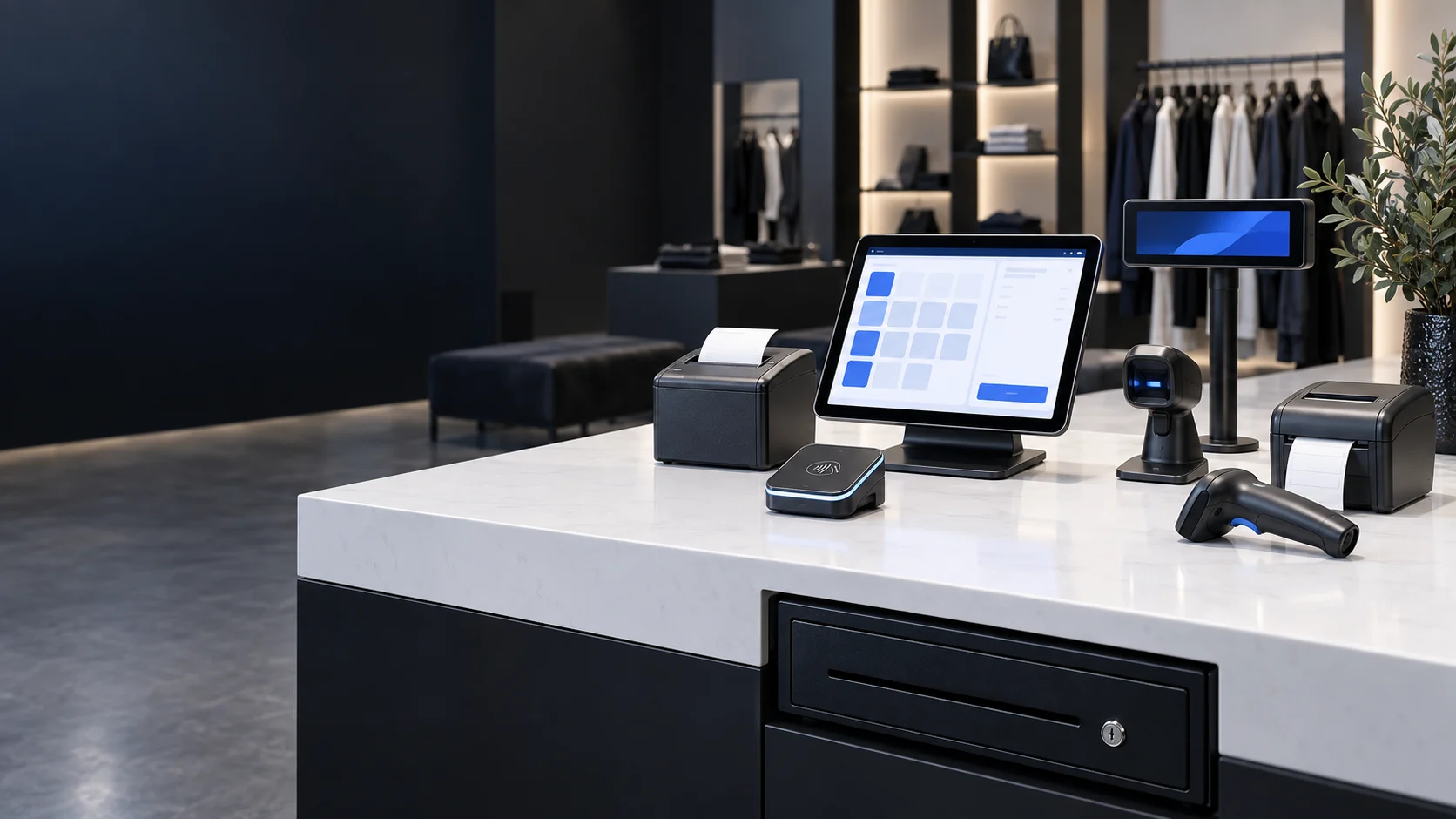 Complete retail counter with tablet, scanners, receipt and label printers, cash drawer, payment reader and customer display.