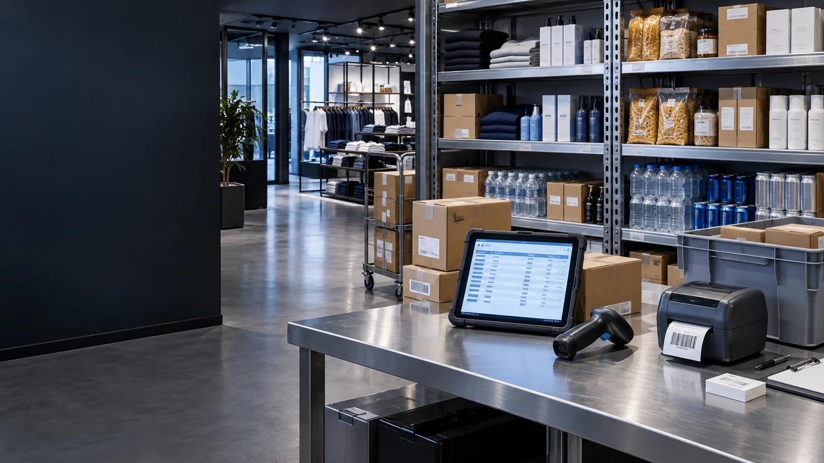 Organized retail receiving area with mixed-category stock, tablet, barcode scanner and label printer.