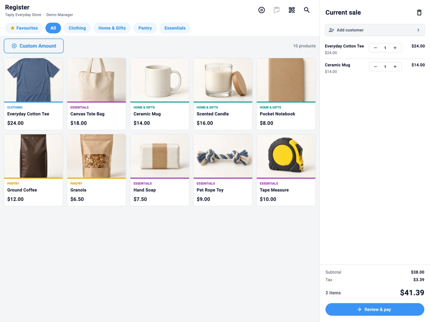 Taply Retail register showing everyday demonstration products, a current basket and the Review and pay action.