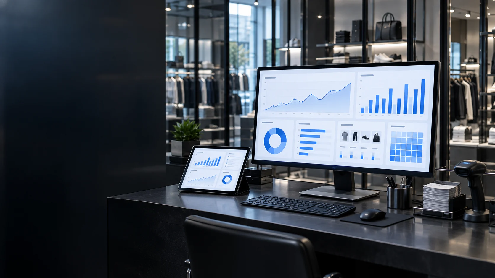 Premium retail analytics workspace with blue and white performance dashboards and store operations in the background.
